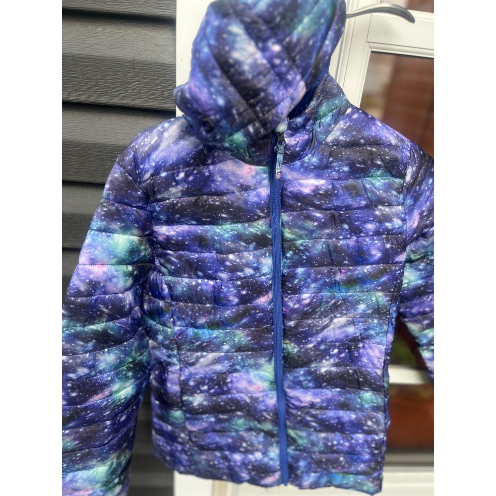 Lands End Galaxy Print Hooded Puffer Jacket Kids XL 14-16 Purple Blue Star Coat